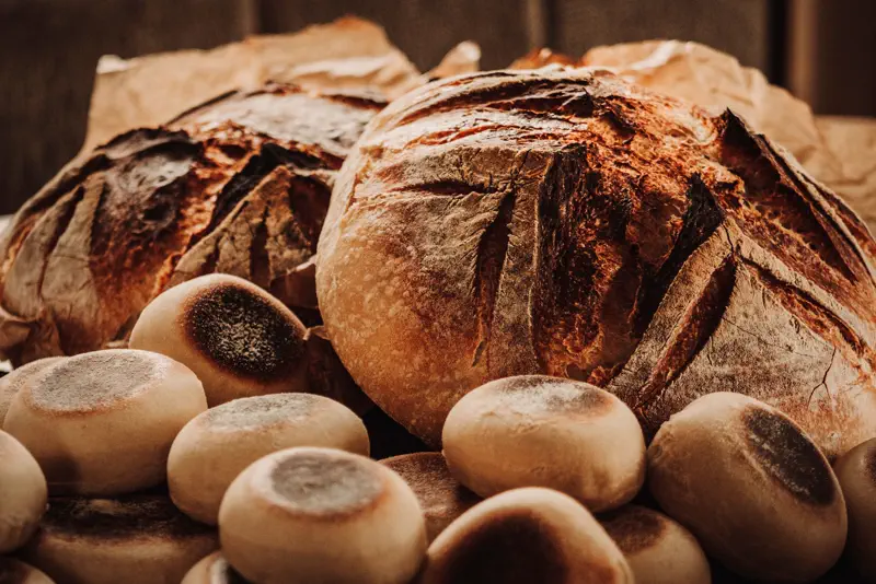 Hogazas de pan de masa madre recién horneadas